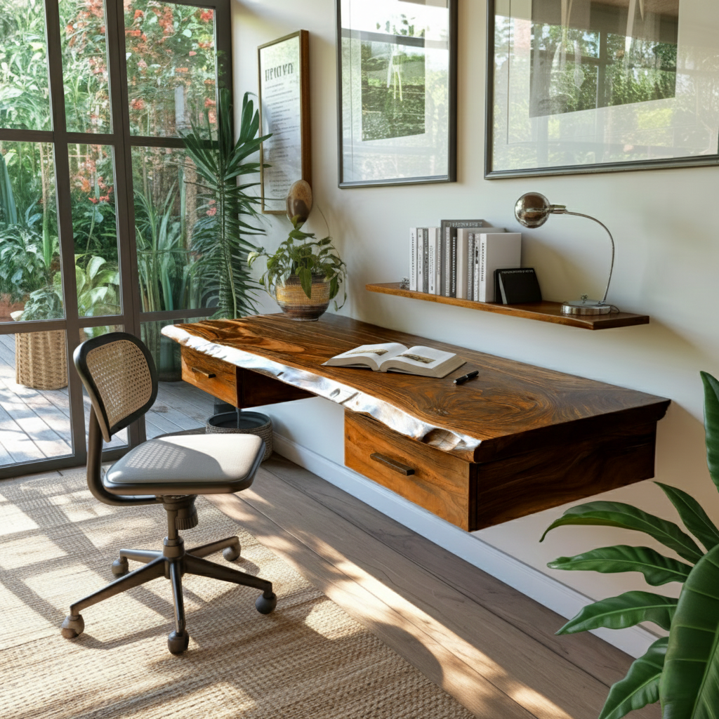 Aelric Live Edge Solid Wood Floating Desk With Drawers