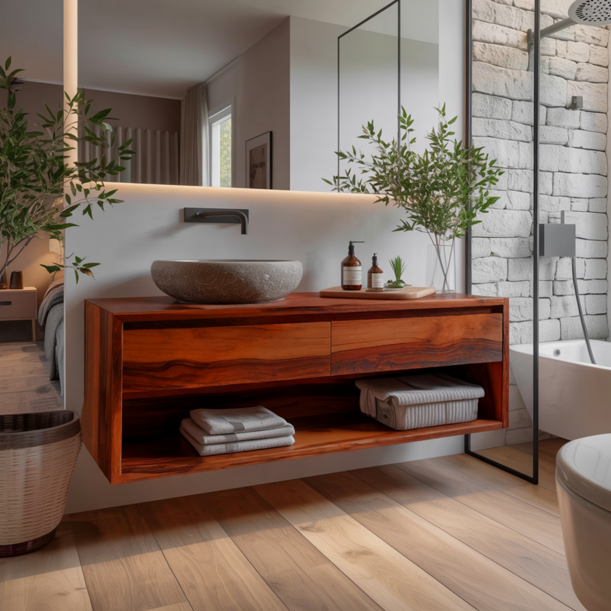 Lunara Minimal Japandi Handcrafted Solid Wood Floating Bathroom Vanity With Drawers