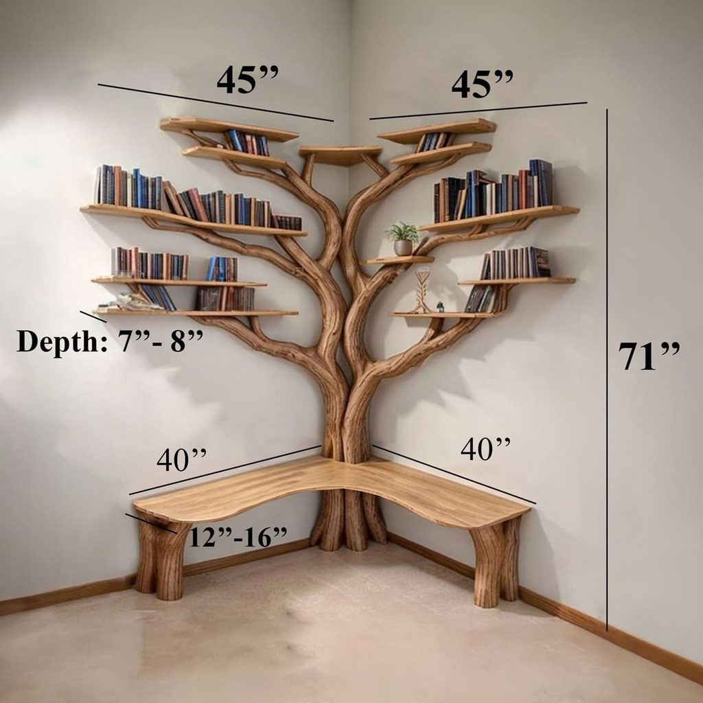 Tree Floating Corner Bookshelf With Corner Bench Lshaped