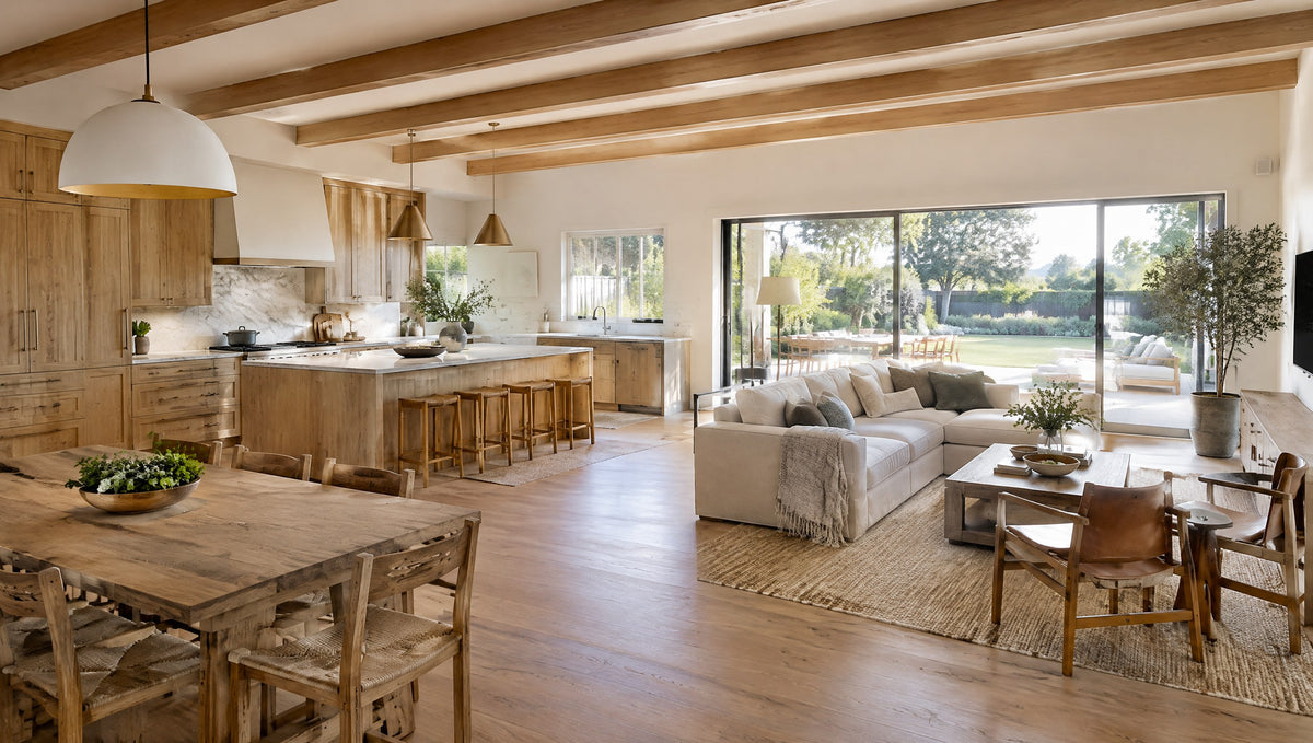 A remodeled open-plan kitchen and living room in a California ranch home with solid wood furniture