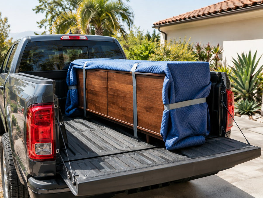 A finished solid wood console wrapped in moving blankets in a work truck in Oakley, California
