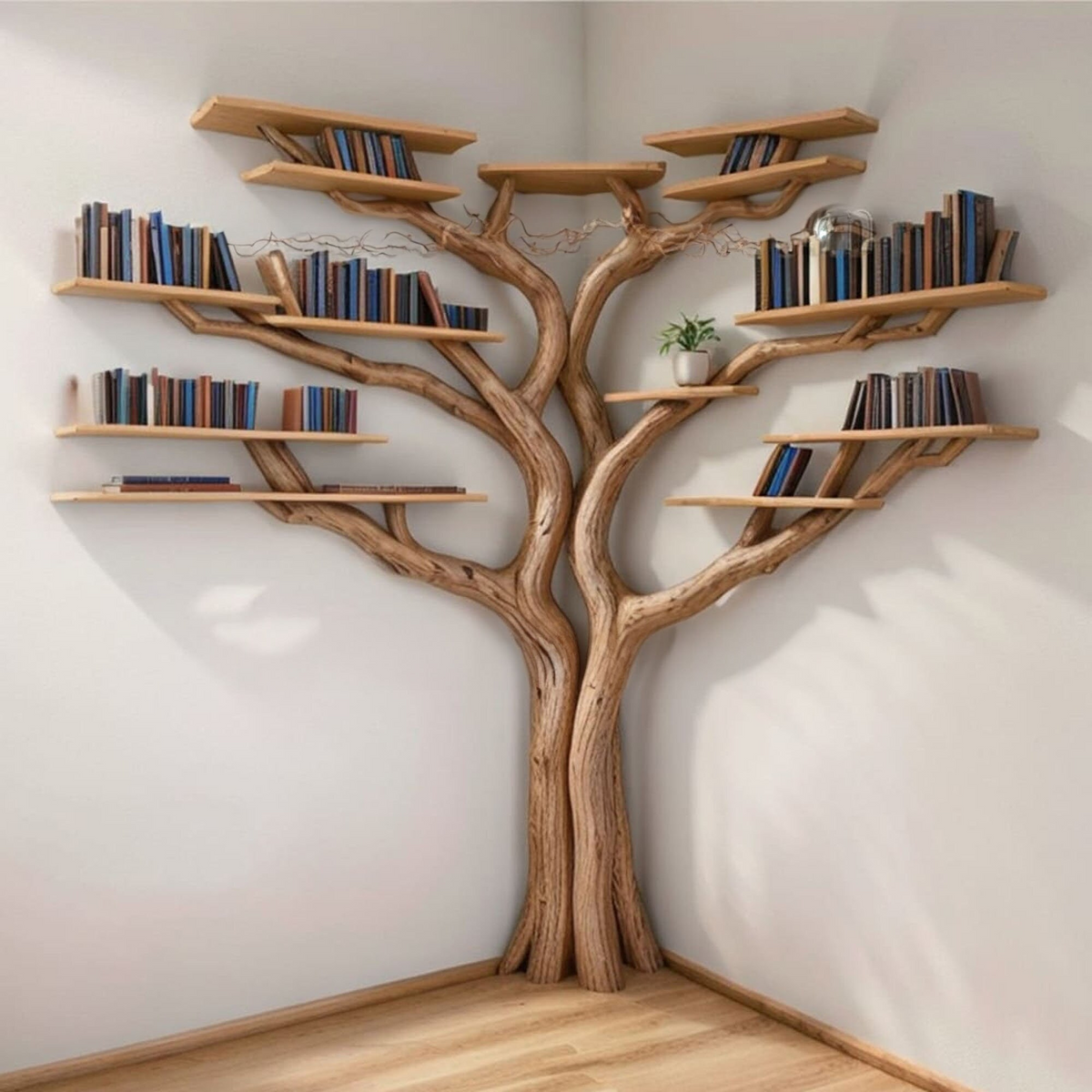 Tree Floating Corner Bookshelf With Corner Bench Lshaped